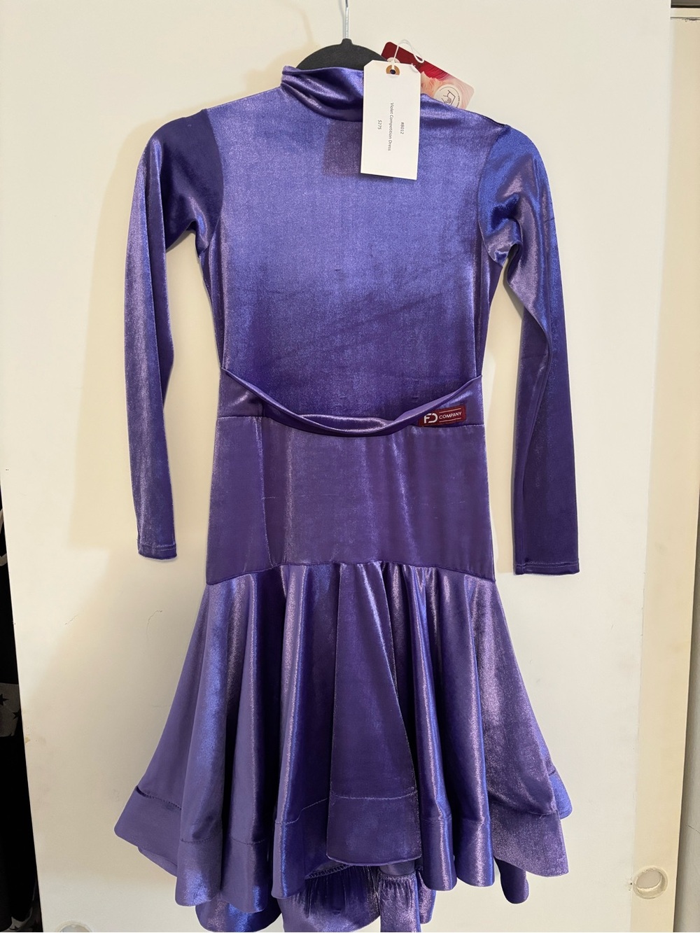 Preteen or junior Velvet Purple Long Sleeve Ballroom Dance Dress